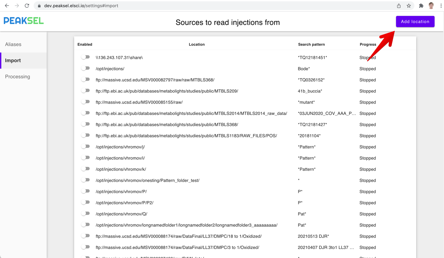 a list of locations to import raw analytical data from